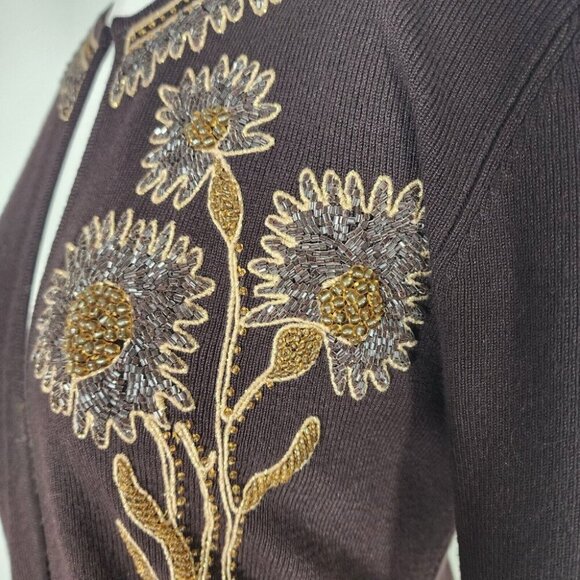Women's Brown Beaded Cardigan Sweater Goblin Fairy Floral Whimsical 3/4 Sleeve S - Picture 6 of 12